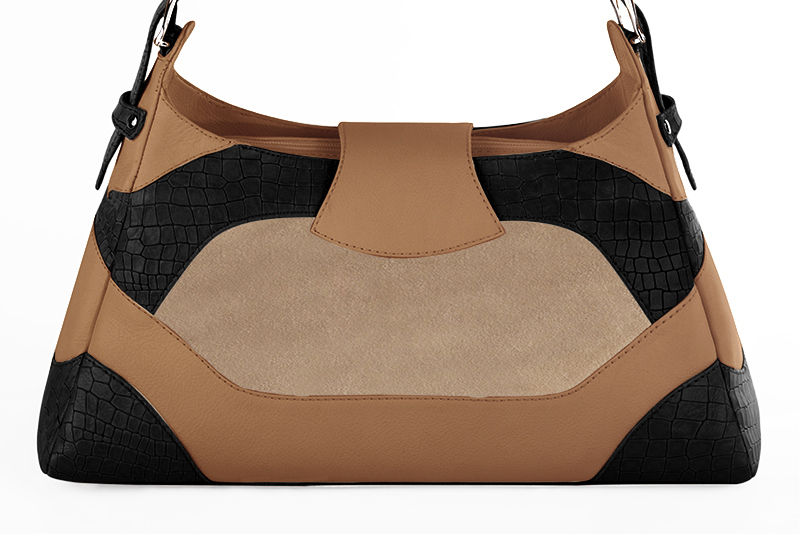 Dress handbag in satin black, tan beige and camel beige leather - Rear view